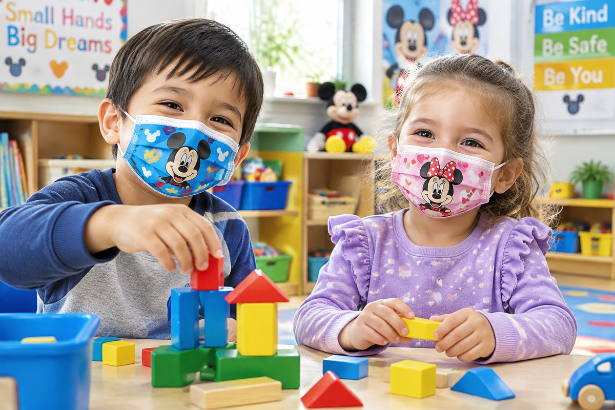 Two kids with Disney masks in classroom
